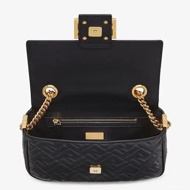 Affordable Nappa Motif Midi In FF Baguette Fendi Black Leather Bag Chain 0702